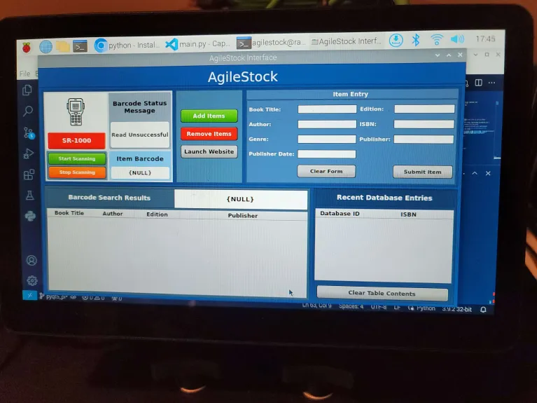 AgileStock base station software screenshot shown on a raspberry pi.